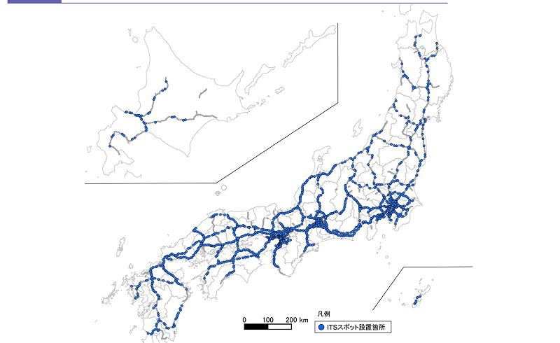 日本全国の高速道路上に設置されたITSスポットの位置を示す地図。